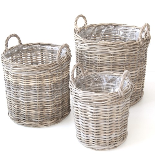 Sæt med 3 flettede potter i grå rattan