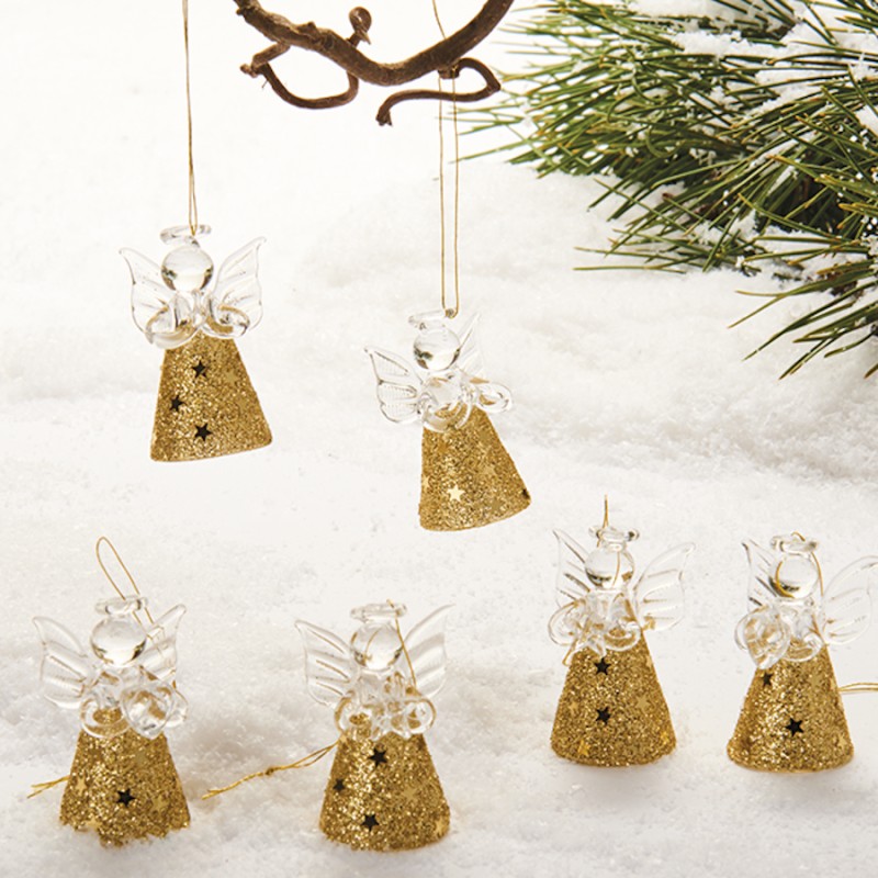 Engel i glas, guld glimmer - 6 stk