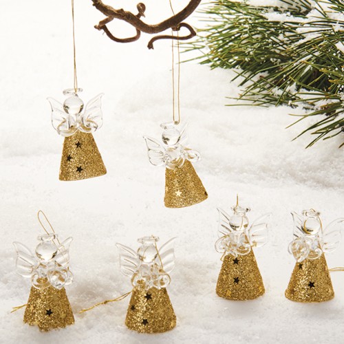 Engel i glas, guld glimmer - 6 stk