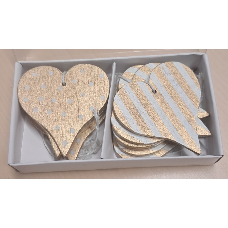 Træhjerter, guld med snor 12 stk