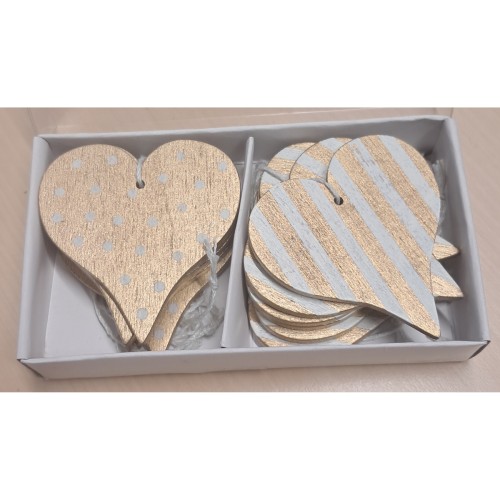 Træhjerter, guld med snor 12 stk
