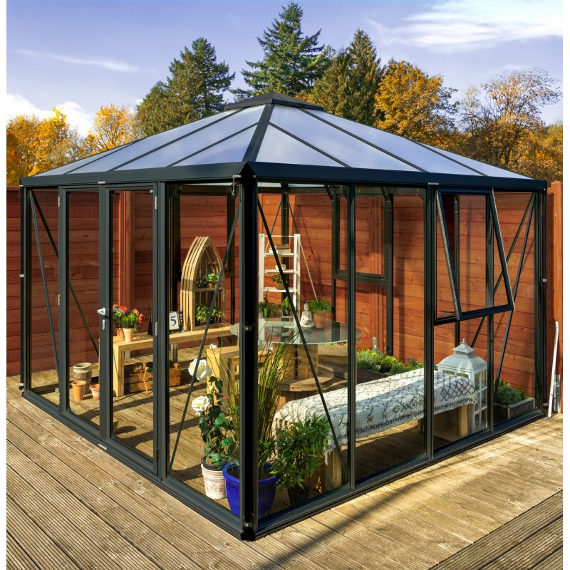 Fortuna Drivhus 10,2 m2 - Sort - 3mm hærdet glas - Polycarbonat Tag