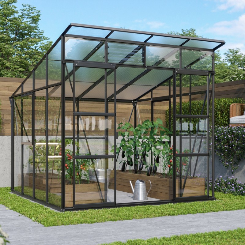 Freya Drivhus 7,6 m2 - Sort - 3mm hærdet glas - Polycarbonat Tag - Med Sokkel