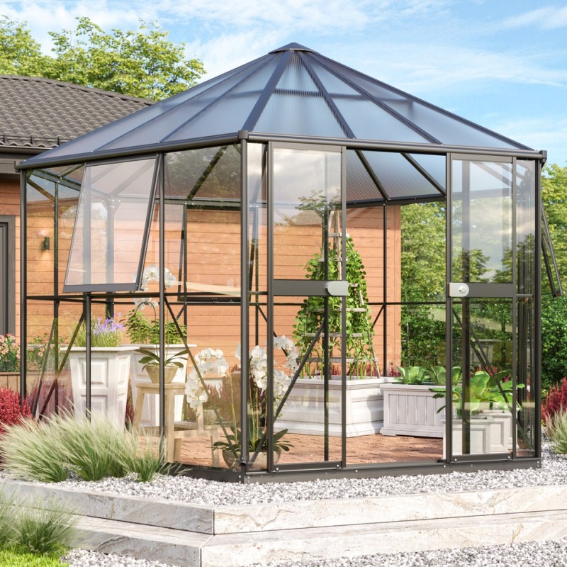 Hera Drivhus 9m2 - Sort - 3mm hærdet glas - 6 mm polycarbonat tag