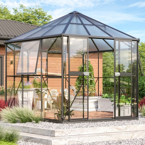 Hera Drivhus 9m2 - Sort - 3mm hærdet glas - 6 mm polycarbonat tag