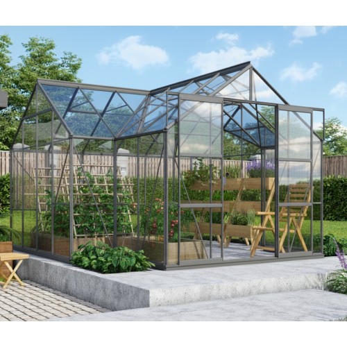 Sirius Drivhus 13 m2 - Antrasit - 3mm Hærdet Glas - Med Sokkel