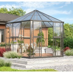 Hera Drivhus 9m2 med sokkel - Antrasit - 3mm hærdet glas - 6 mm polycarbonat tag