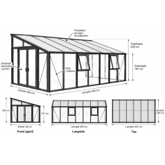 Helena Drivhus 11,9 m2 - Sort - 3mm hærdet glas - 10 mm Polycarbonat Tag