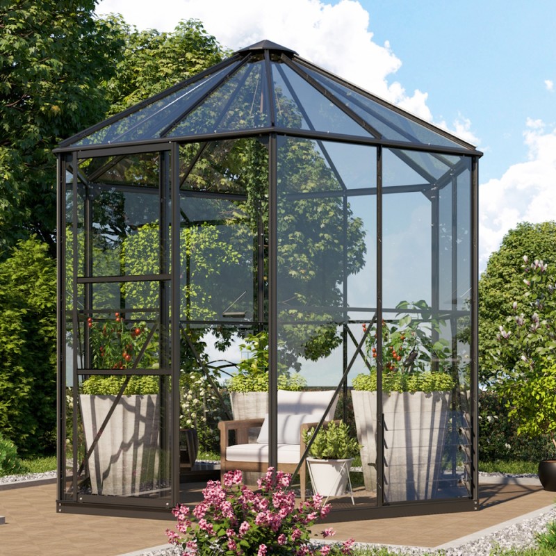Hera Drivhus 4,5 m2 - Sort - 3mm hærdet glas - m. sokkel